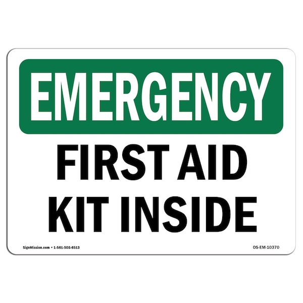 Safety Sign, OSHA EMERGENCY, 7" Height, Aluminum, First Aid Kit Inside, Landscape, EM-L-10370